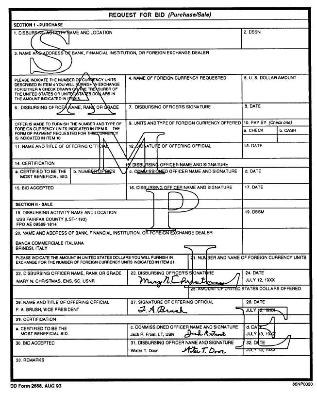 Sample DD Form 2668, Request for Bid (Purchase/Sale) for the Sale of Foreign Currency
